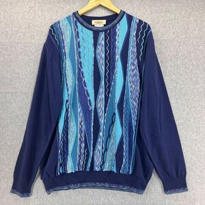 Montechiaro Size XL Blue‎ Navy 3D Knit Sweater Italy Men's Striped Textured